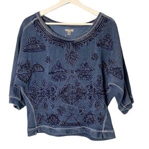 Ecote Washed Effect Embroidered 3/4 Dolman Sleeve Cotton Casual Career Top S